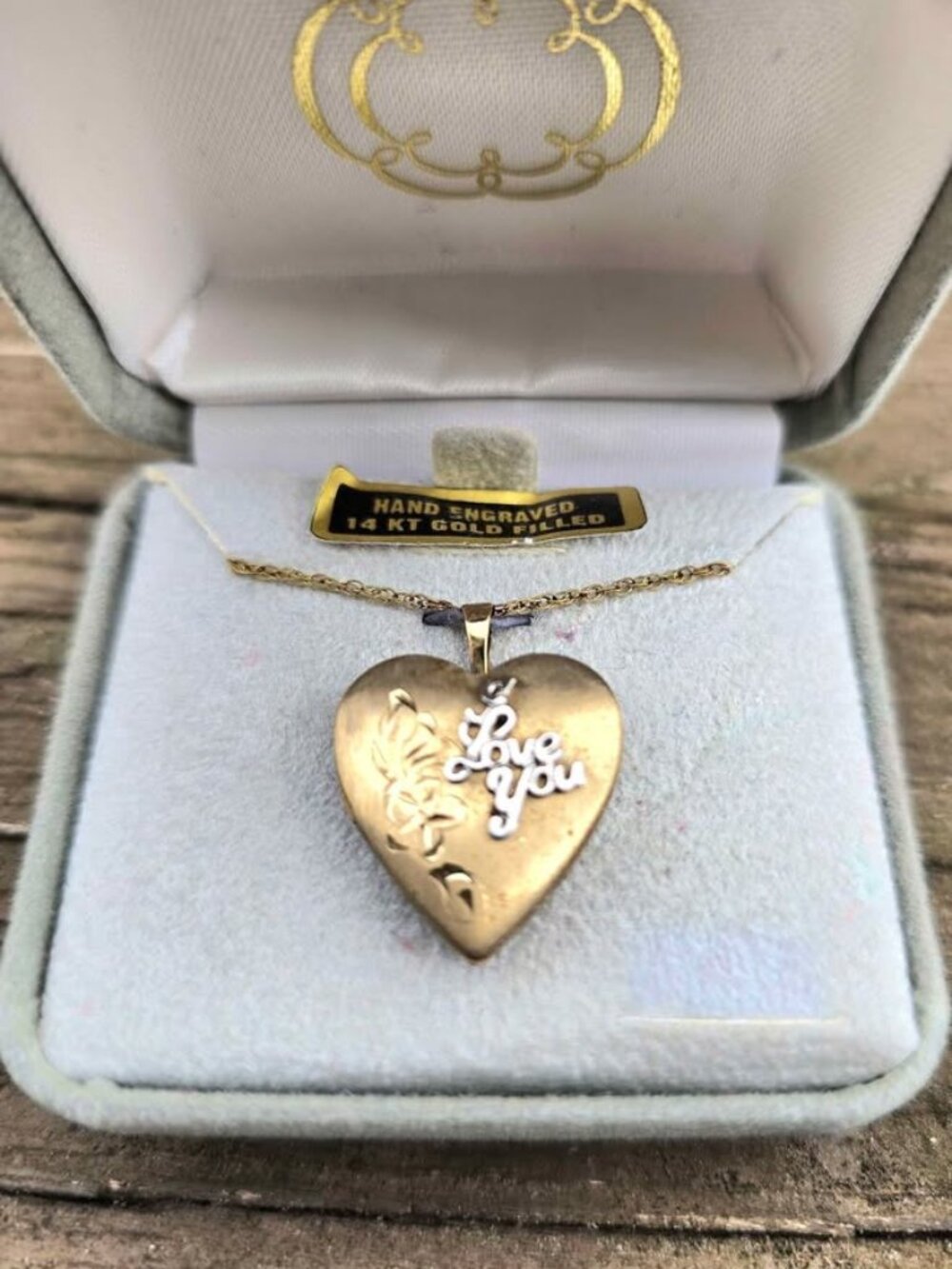 Vintage 14k Gold Filled I Love You Engraved Flower Heart Shaped Locket 18" Chain